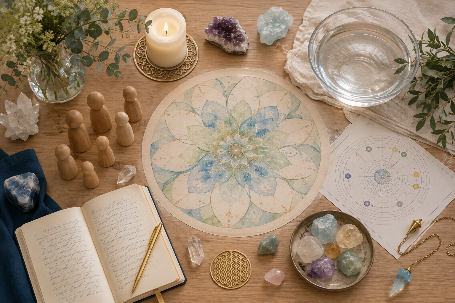 Mesa com gráfico radiônico, cristais, vela e caderno