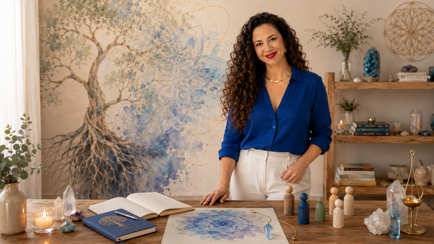 Vânia Cristina em seu espaço de trabalho, com mandala, cristais e a arte da árvore ao fundo