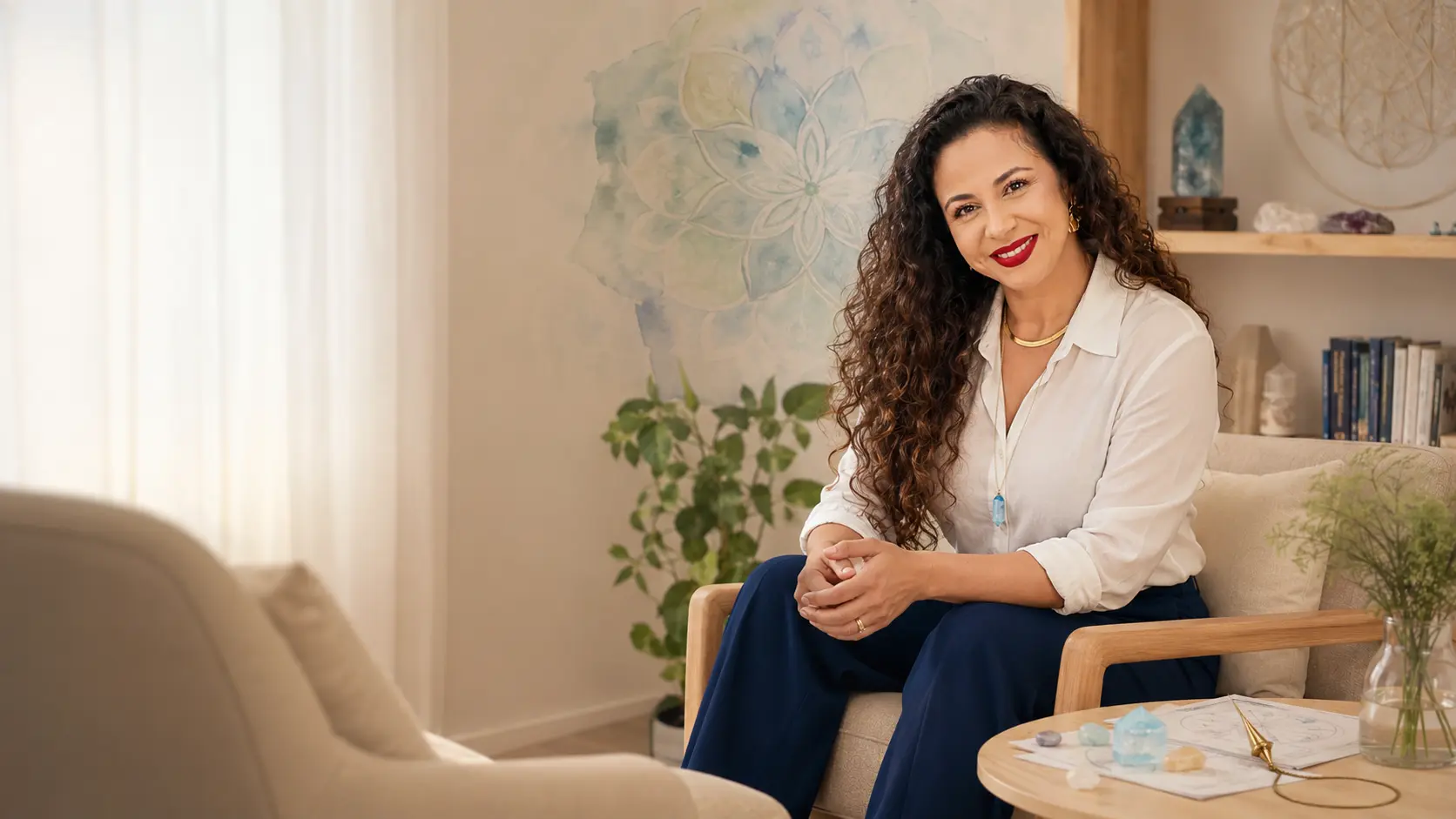 Vânia Cristina sentada em seu espaço de atendimento, sorrindo