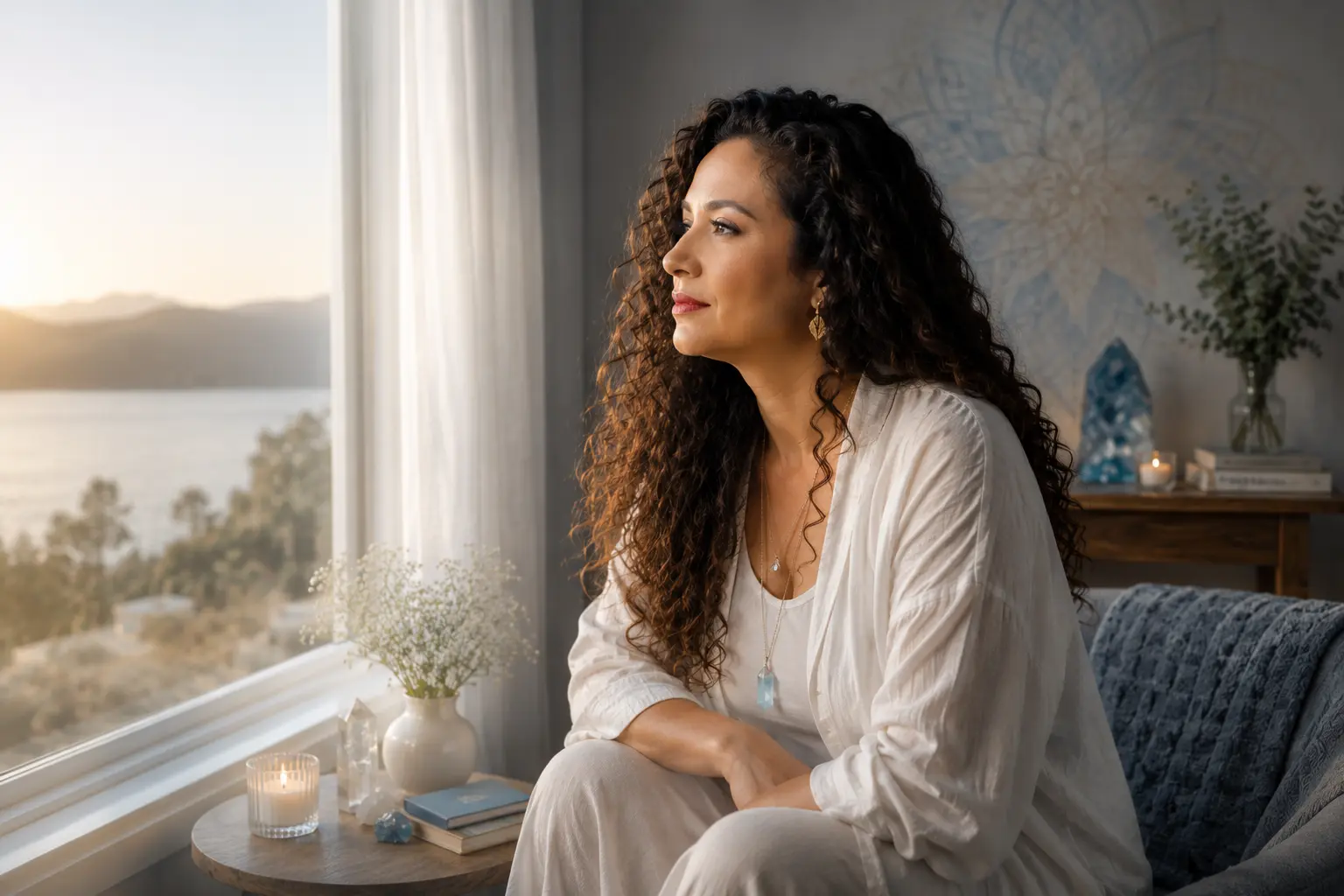 Vânia Cristina sentada junto à janela contemplando o amanhecer