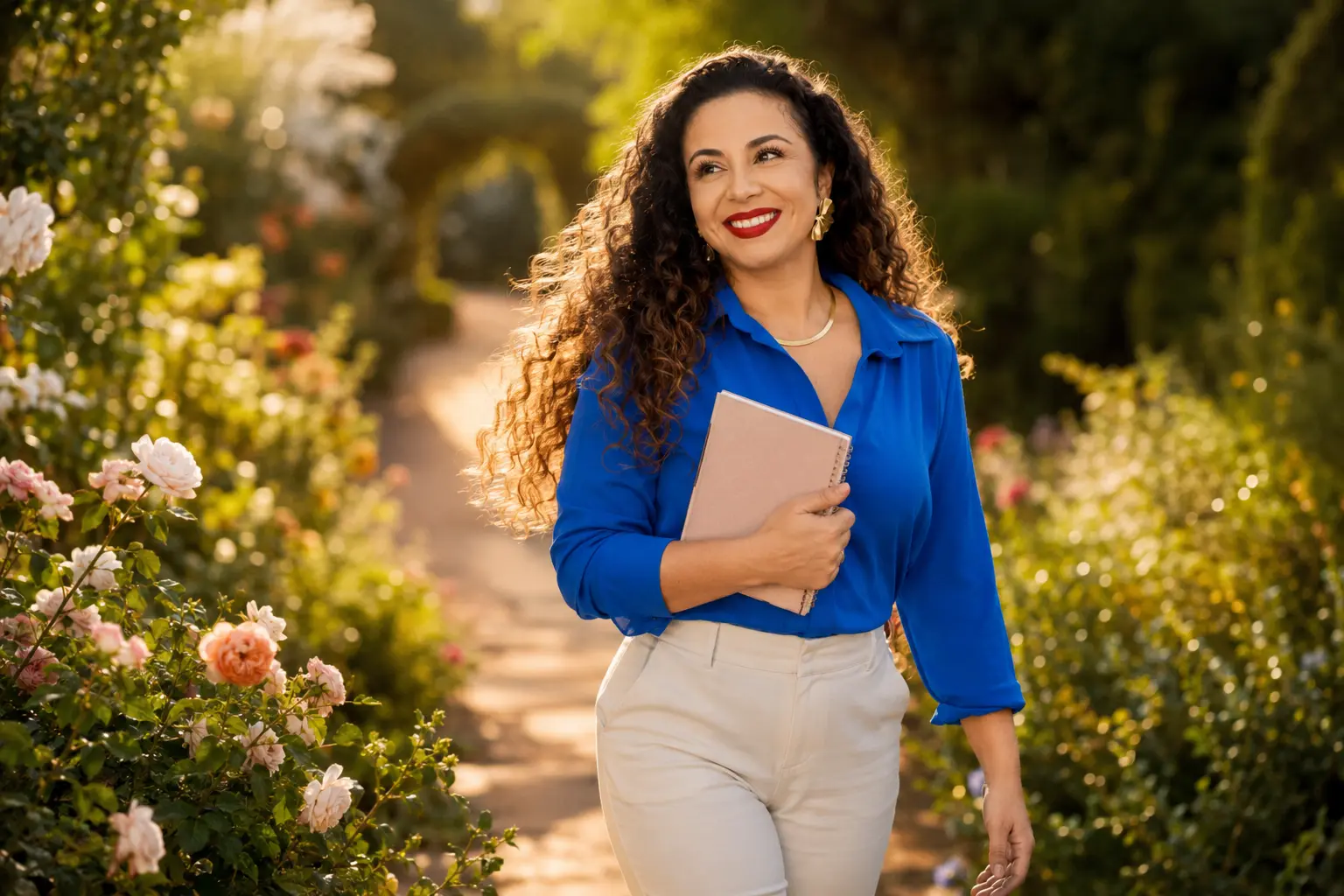 Vânia Cristina com um caderno em meio a um jardim florido