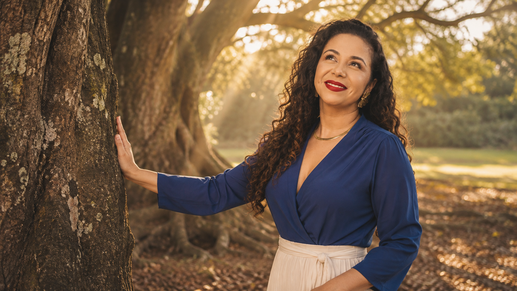 Vânia Cristina apoiada em uma árvore, sob a luz dourada do entardecer